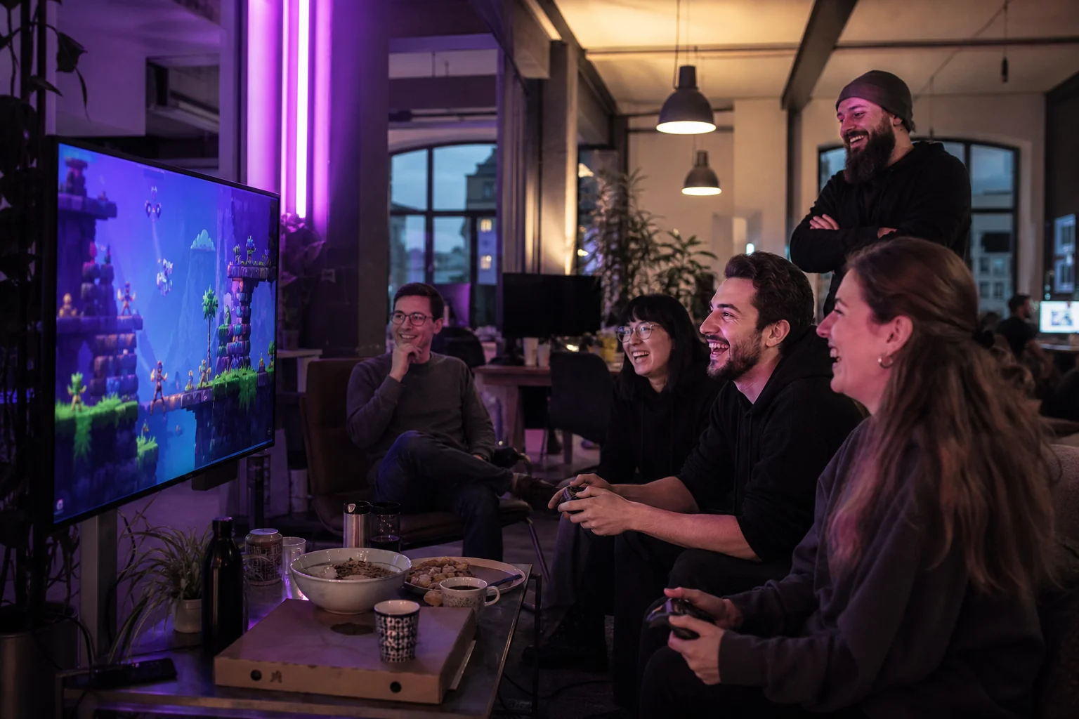 Team spielt gemeinsam Browser-Games in der Pause